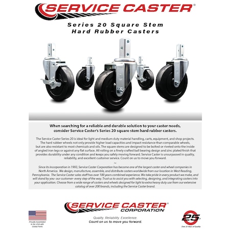 Service Caster 3 Inch Hard Rubber Wheel Swivel 3/4 Inch Square Stem Caster Set Total Lock Brake SCC-SQTTL20S314-HRS-34-4